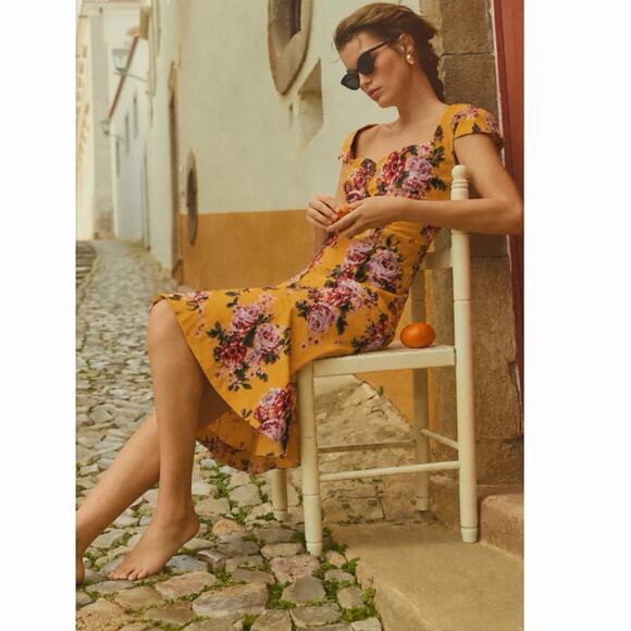 Anthropologie Dresses & Skirts - Anthropologie Maeve Cecily Yellow Floral Sweetheart Midi Dress S Romantic Retro